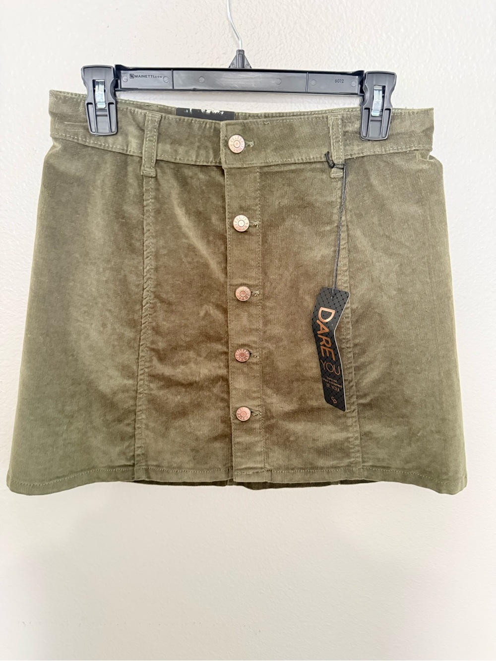 Dare you Olive Green Corduroy Button-Front Mini Skirt